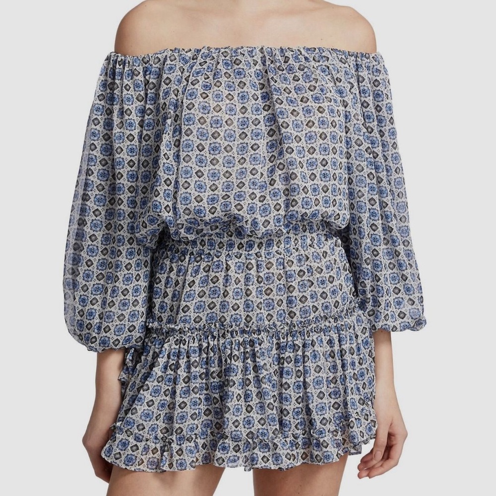 Misa Los Angeles Blue and White Off-Shoulder Sundress